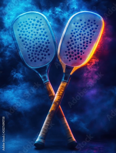 Two crossed perforated paddles with wooden handles surrounded by swirling blue and orange smoke, dramatic neon lighting conveying intense energetic competitive spirit