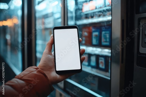 hand holding smartphone with blank screen in front of refrigerated vending machine glass, cool blue lighting and anticipation of purchase