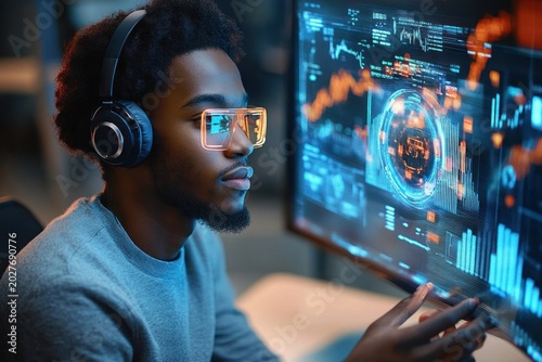 Person wearing headphones reaches toward a glowing holographic data display on a curved monitor, focused and engaged while analyzing colorful charts and graphs