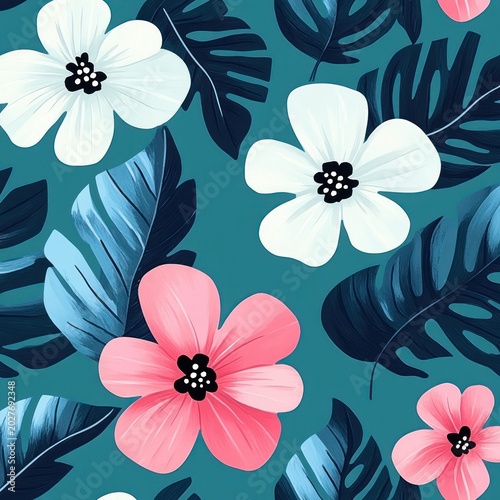 cheerful tropical floral pattern with pink and white blossoms and blue-green tropical leaves on a teal background