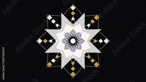 Geometric mandala design with star and diamond patterns in white, gold, and gray on black background