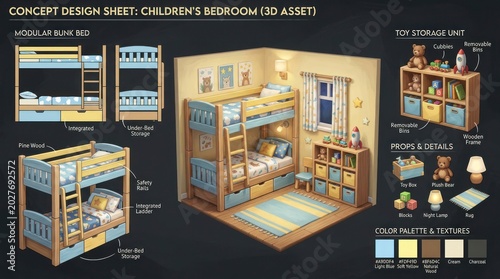 Conceptual 3D Design of a Childrens Bedroom with Bunk Beds and Toys.