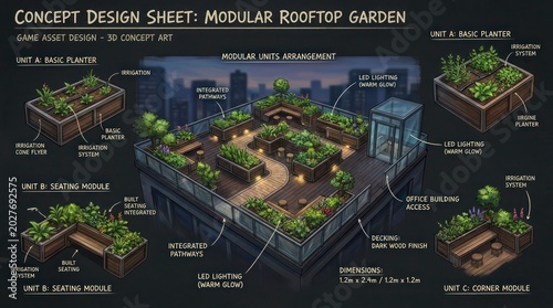 Conceptual Design of a Modular Rooftop Garden with Urban Landscape Elements.