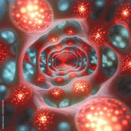 hypnotic bioluminescent tunnel of interconnected organic cells with glowing red spherical clusters and soft teal cavities, surreal microscopic corridor evoking wonder and depth