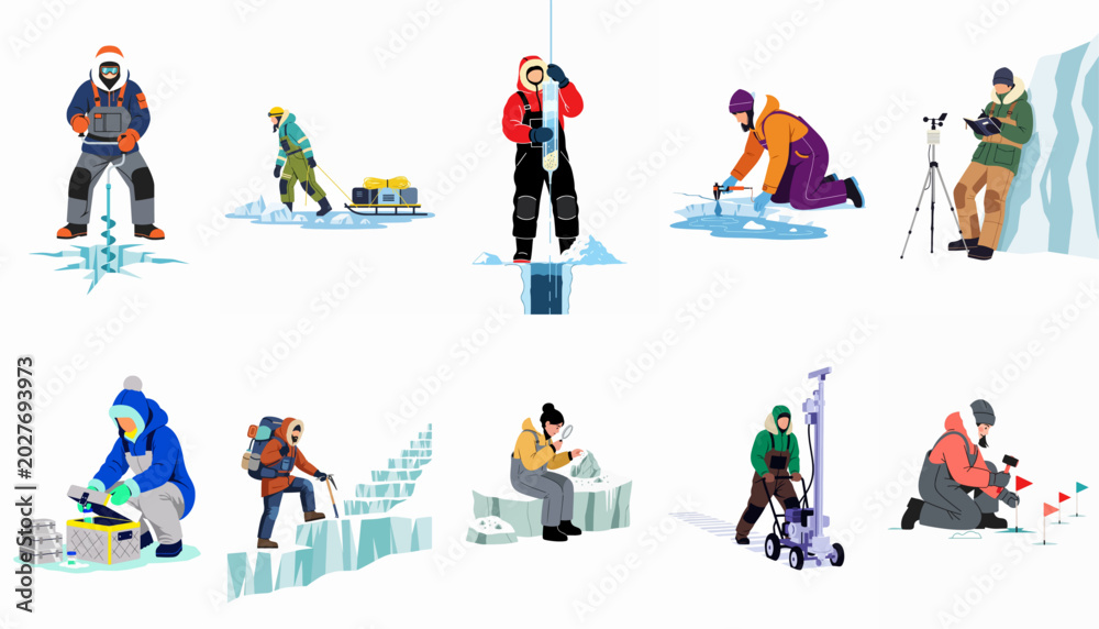 Fototapeta premium Set of Illustrations Featuring Scientists and Researchers Conducting Various Scientific Expeditions and Tasks in Extreme Cold Polar Environments