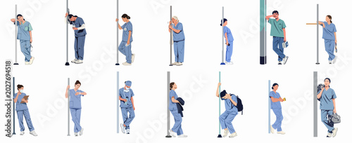 Exhausted Healthcare Workers and Nurses in Blue Scrubs Commuting After a Long Shift, Flat Vector Illustration Collection on White Background