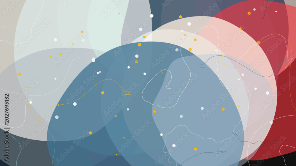 Naklejka premium Abstract composition with overlapping blue, red, and white shapes and lines with dots