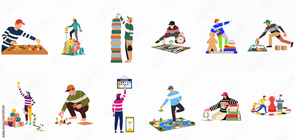 Fototapeta premium Vector flat illustration set of people playing various board games including dice, cards, tokens, and strategy games in a minimalist design style.