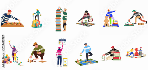 Foto Vector flat illustration set of people playing various board games including dice, cards, tokens, and strategy games in a minimalist design style