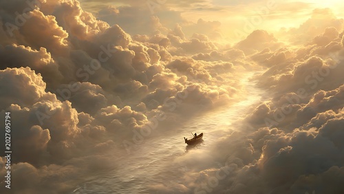 Surreal conceptual illustration of a small boat sailing along a river of golden light, winding through a massive canyon of dramatic cumulus clouds illuminated by a bright celestial glow.