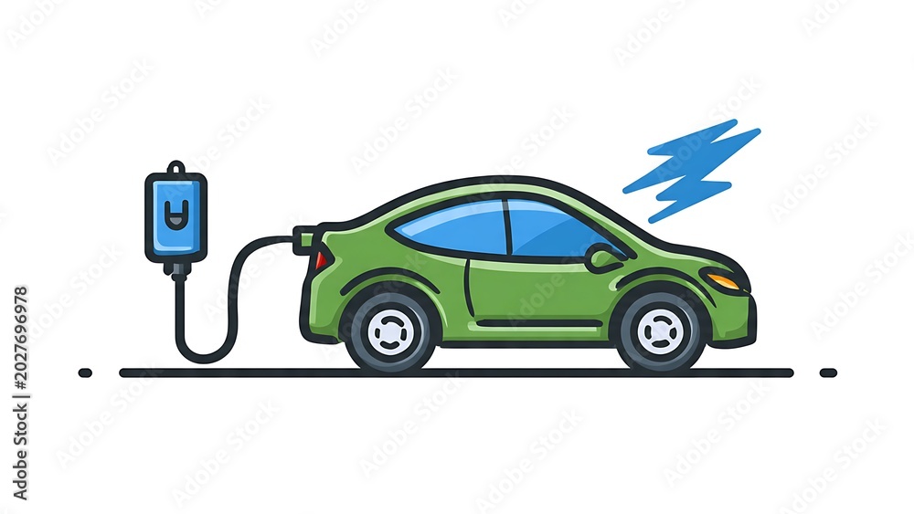 Naklejka premium Cartoon Electric Car Charging with Cable and Lightning Bolt Icon