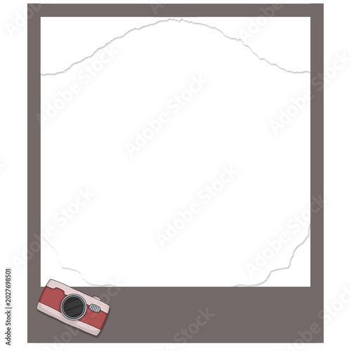 A vintage-style Polaroid photo frame mockup with torn paper edges and a red retro camera sticker in the corner, offering copy space for photos, scrapbooking, travel memories, and creative layouts.
