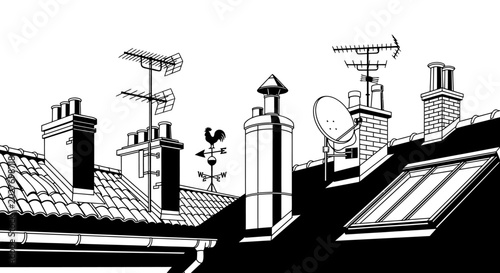 Urban rooftops with chimneys and antennas in black and white