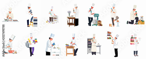 Foto Collection of professional pastry chefs and bakers decorating cakes and making d