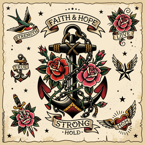Nautical Anchor Tattoo Flash Art with Roses, Swallows, and Inspirational Text