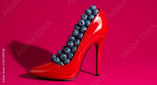 Red high heel stiletto pump filled with fresh blueberries