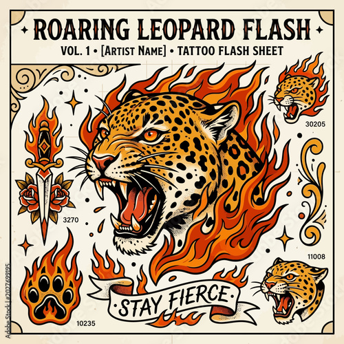Roaring Leopard Flash Tattoo Sheet with Flames and Dagger