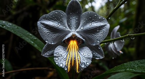 Exotic Silver Orchid with Luminous Golden Heart and Raindrops