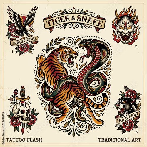 Traditional Tattoo Flash: Tiger vs Snake, Eagle, Skull, Oni Mask, Panther