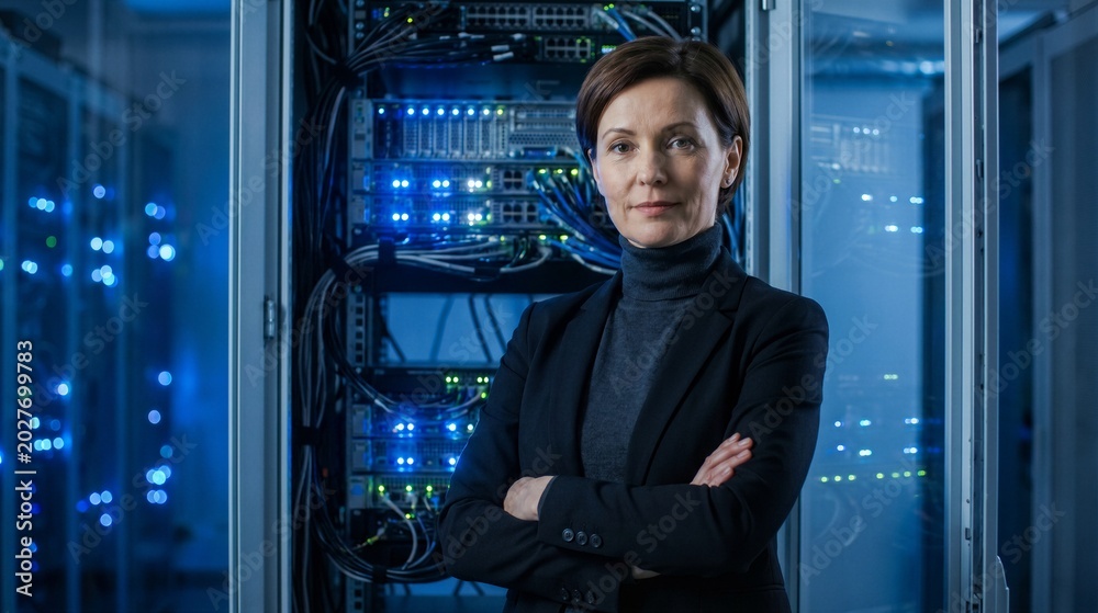 Fototapeta premium Professional female it specialist standing in a modern server room with server racks and blue led lights in the background