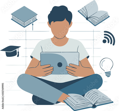 Student, e-learning, education icons, studying, online learning, digital literacy, reading