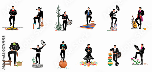 Canvastavla Collection of vector illustrations showcasing Mexican mariachi musicians in traditional charro suits with cultural elements like guitars, sombreros, cacti, and agave plants
