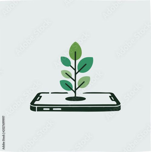 Eco friendly mobile phone, sustainable technology, green plant growing, eco tech vector icon