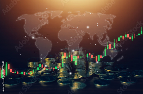 Global stock market and finance concept with world map, candlestick chart and coin stacks illustrating international investment, economic growth, trading trends and digital banking.