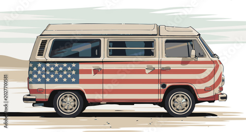 American flag, vintage van, patriotic vehicle, red white blue transport