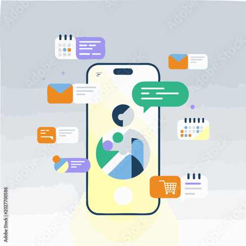 Mobile phone interface, app icons, colorful chat bubbles, business communication, messaging, vector graphics
