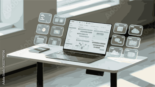 Standing desk, laptop, ergonomic workstation, modern office setup, adjustable desk