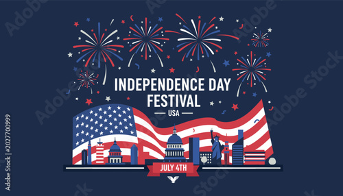Foto Vibrant Independence Day Festival USA illustration featuring fireworks, American flag, and iconic landmarks celebrating July 4th