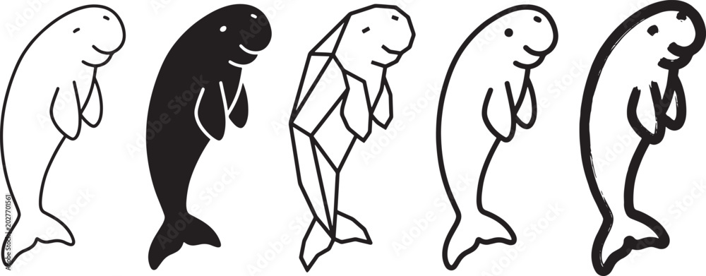 Naklejka premium Collection of cute manatee icons with different line art and solid black styles for marine wildlife graphic design projects and aquatic animal illustrations Vector
