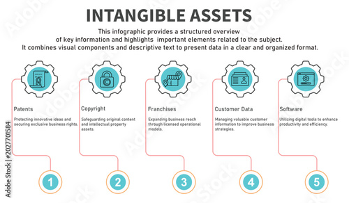 Infographic template intangible assets containing patents,copyright,franchises,customer data,software
 with circle gear line color containing 5 steps