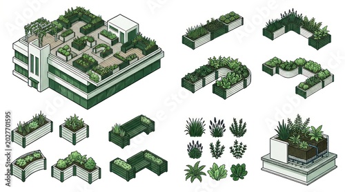 Isometric Rooftop Garden Design Elements for Architectural Visualization.