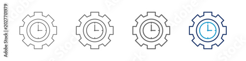 Time management icon in a row, each showing a clock inside a gear or cog. The gear symbolizes process or system, while the clock represents time. It is created with various line thicknesses and the co