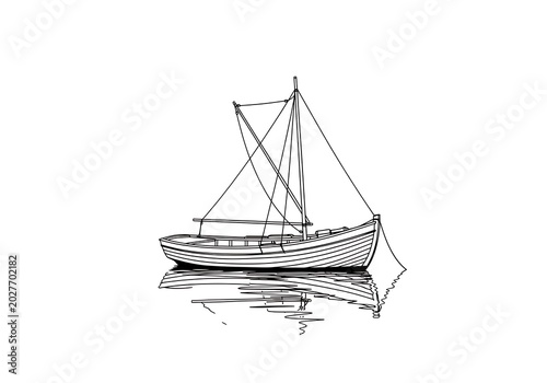 Minimalist sailboat illustration floating on the water with reflection isolated