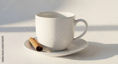White Ceramic Coffee Mug with Cinnamon Stick on Saucer