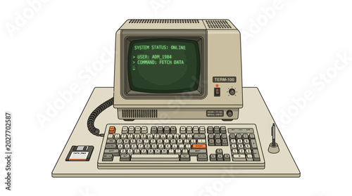 Retro computer terminal with keyboard and mouse on desk