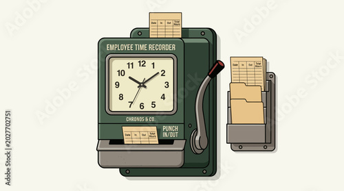 Vintage employee time clock with punch card and wall-mounted card holder
