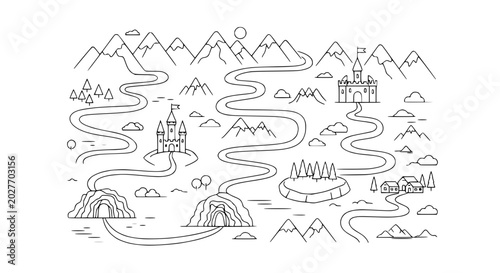 Whimsical fantasy map with castles, mountains, caves, and winding roads