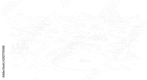 Bild auf Leinwand Fantasy Map Outline: Kingdom, Mountains, Rivers, and Villages