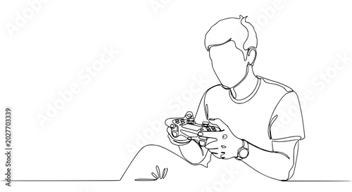 Vászonkép Minimalist line art of a young man playing video games with a controller