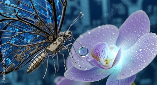 Futuristic Mechanical Butterfly Pollinating Glowing Orchid Flower