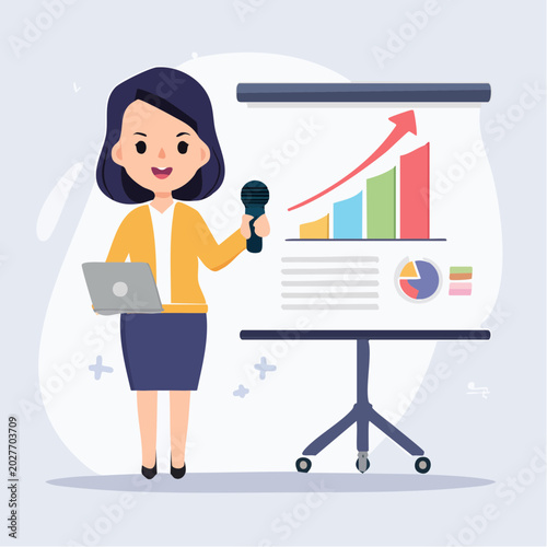 Woman presenting with laptop and microphone at a whiteboard with charts