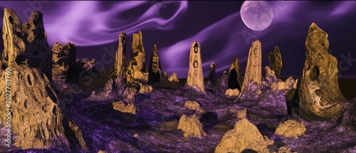 Mysterious alien landscape with jagged rocks under purple sky