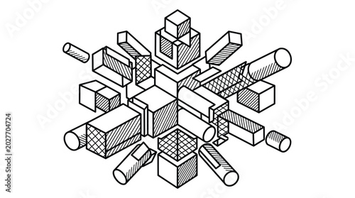 Abstract Isometric 3D Geometric Explosion Technical Drawing of Architectural Shapes Line Art