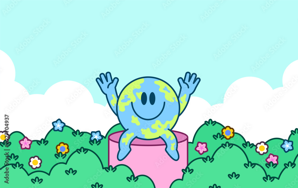Obraz premium Earth mascot sitting in a colorful flower garden with clouds and blue sky background. Perfect for ecology, environment, sustainability, and nature themes vector illustration hand drawn style
