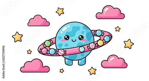 Kawaii Cute Blue Planet Illustration with Candy Ring and Stars