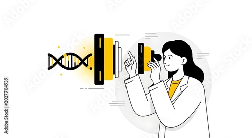 Female scientist analyzing DNA double helix in laboratory
